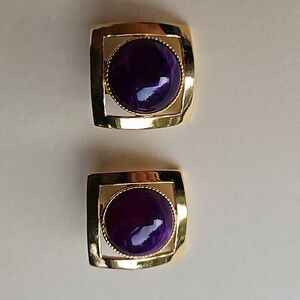 Vintage gold-tone square stud earrings with purple round cobochon stone
